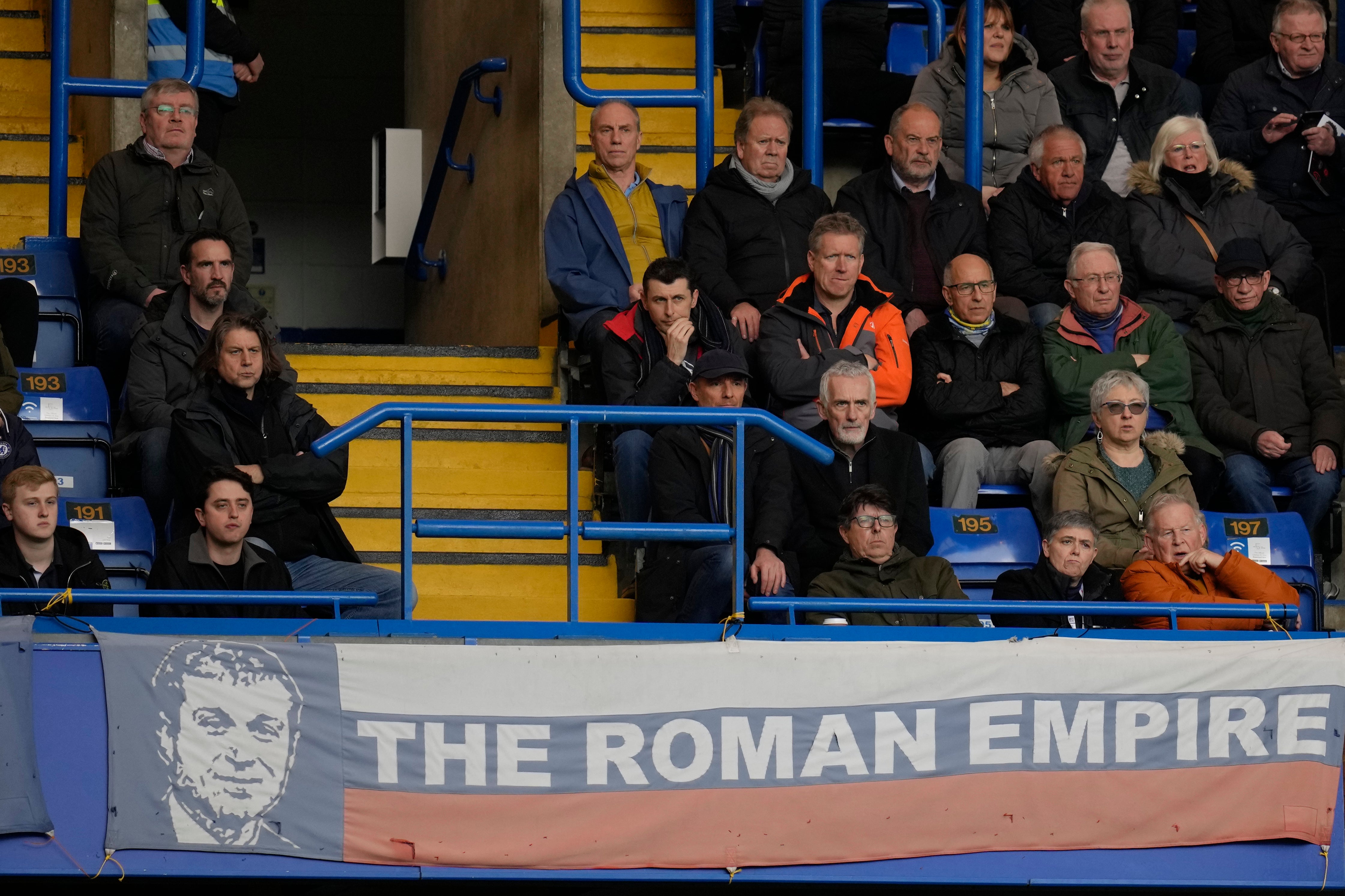 A banner in the colours of Russia’s national flag depicting Roman Abramovich and reading ‘The Roman Empire’ was displayed during Sunday’s game at Stamford Bridge (Kirsty Wigglesworth)