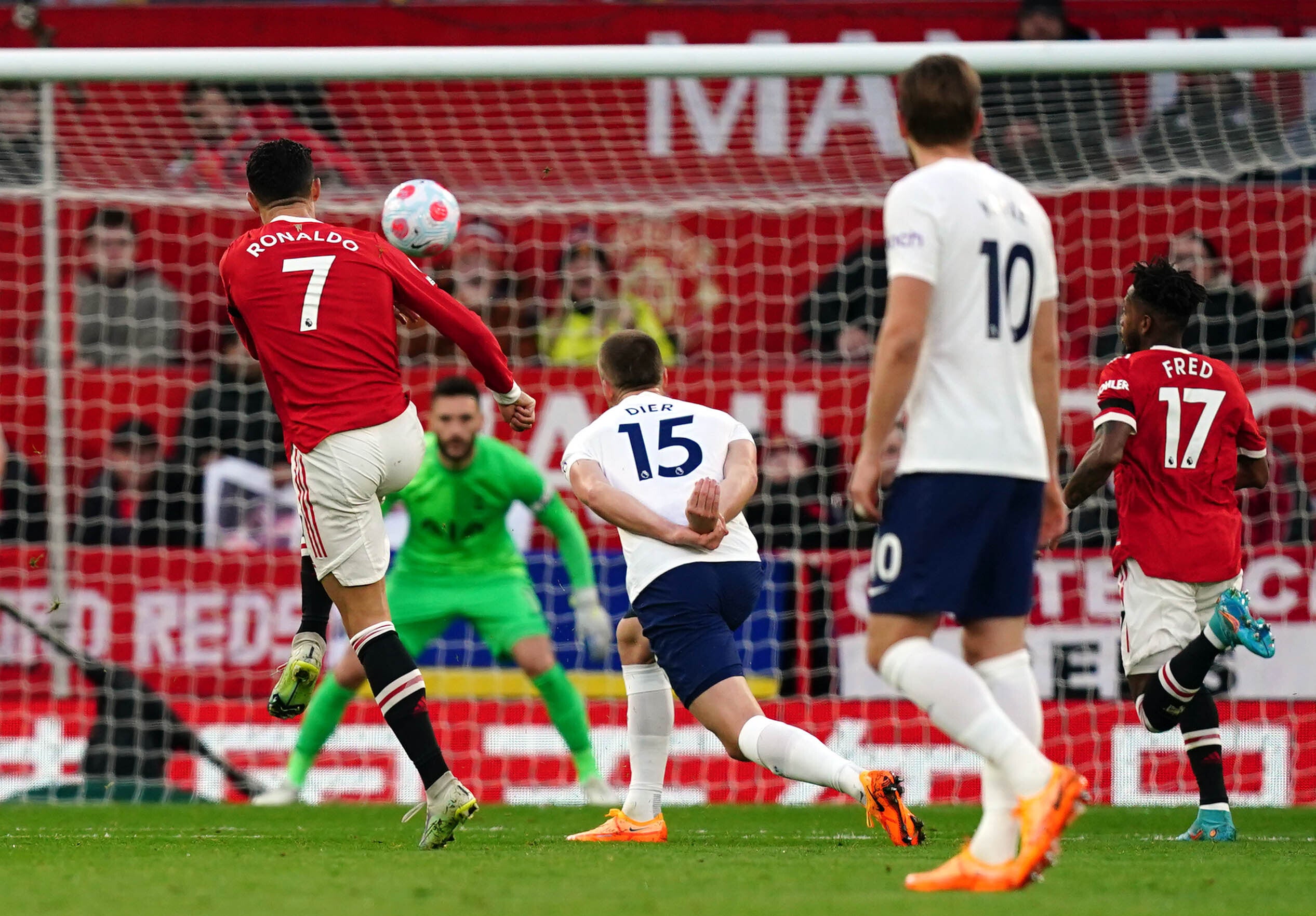 Manchester United’s Cristiano Ronaldo scores his first goal of the game against Tottenham (Martin Rickett/PA)