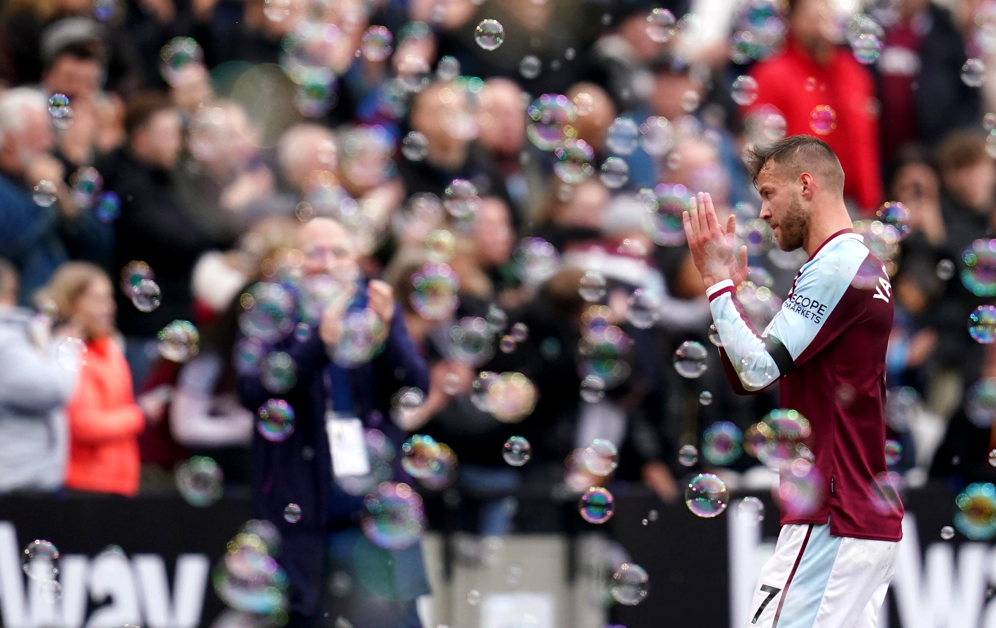 Andriy Yarmolenko acknowledges the crowd after his emotional goalscoring appearance for West Ham (John Walton/PA)
