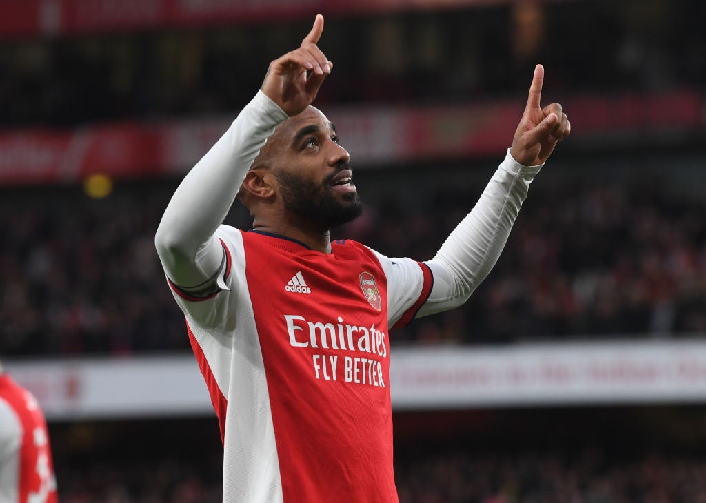 Lacazette celebrates after scoring from the spot against Leicester at the weekend
