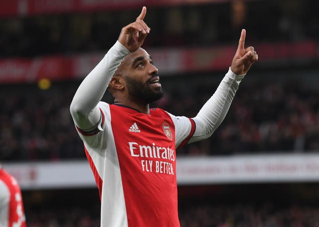 <p>Lacazette celebrates after scoring from the spot against Leicester at the weekend </p>