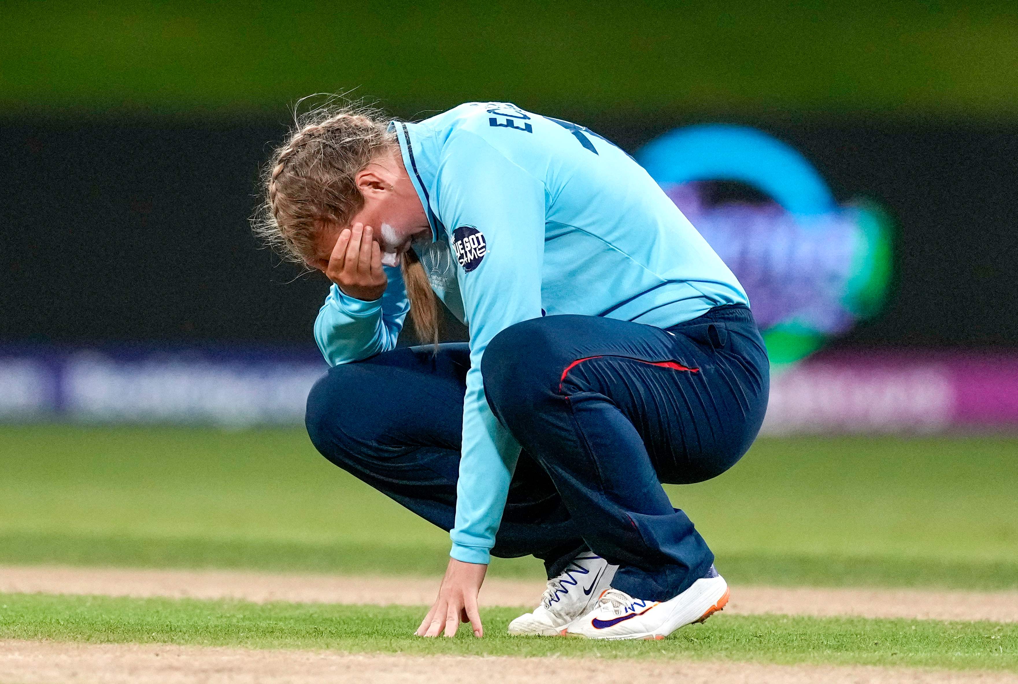 England's Sophie Ecclestone reacts to the defeat in Tauranga