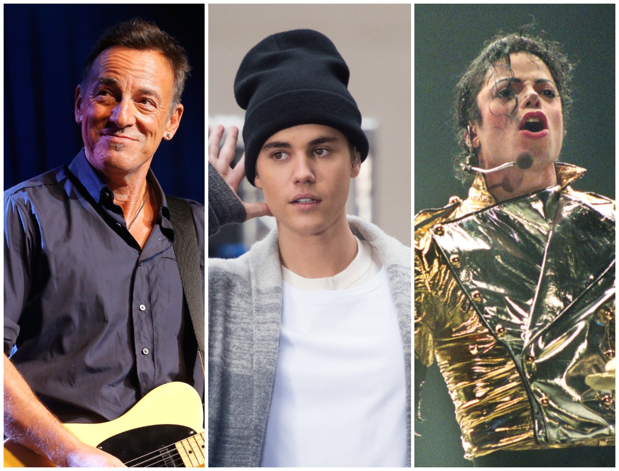 L-R: Bruce Springsteen, Justin Bieber and Michael Jackson