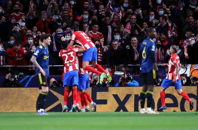 Atletico Madrid celebrate Joao Felix’s goal against Manchester United in the first leg (Isabel Infantes/PA)