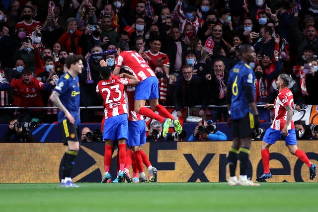 Atletico Madrid celebrate Joao Felix’s goal against Manchester United in the first leg (Isabel Infantes/PA)