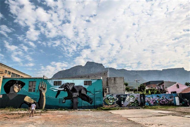 <p>Guide Juma Mkwela with street art in Woodstock, Cape Town</p>