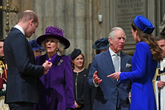 The Duke of Cambridge, the Duchess of Cornwall, the Prince of Wales and the Duchess of Cambridge arriving at the Commonwealth Service at Westminster Abbey in London on Commonwealth Day (Daniel Leal/PA)