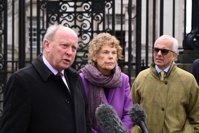 Jim Allister, Kate Hoey and Ben Habib outside the High Court in Belfast, as appeals to a ruling against legal challenges to the lawfulness of Brexit’s Northern Ireland Protocol have been dismissed (Michael Cooper/PA)