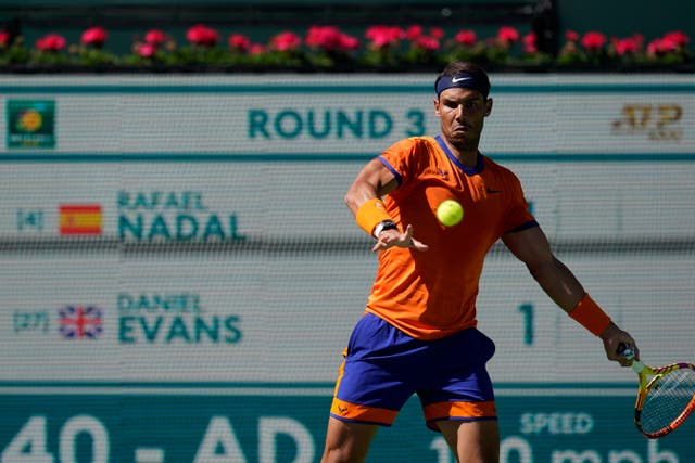 Rafael Nadal remains unbeaten in 2022 after a straight-sets win against Britain’s Dan Evans at Indian Wells (Marcio Jose Sanchez/AP)