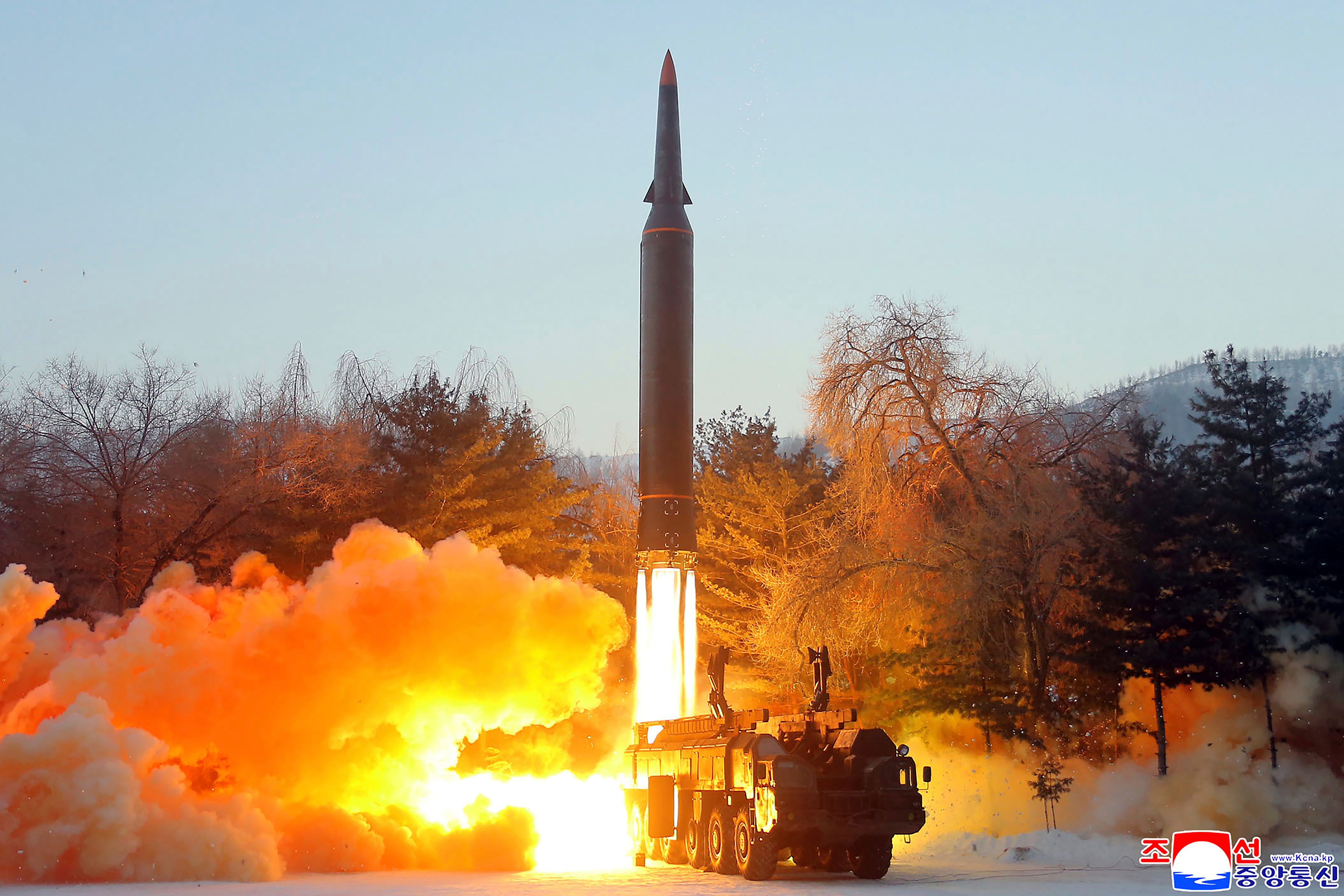 File: This photo provided by the North Korean government shows what it says was a test launch of a hypersonic missile