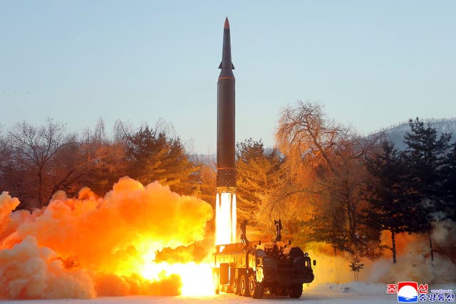 <p>File: This photo provided by the North Korean government shows what it says was a test launch of a hypersonic missile</p>