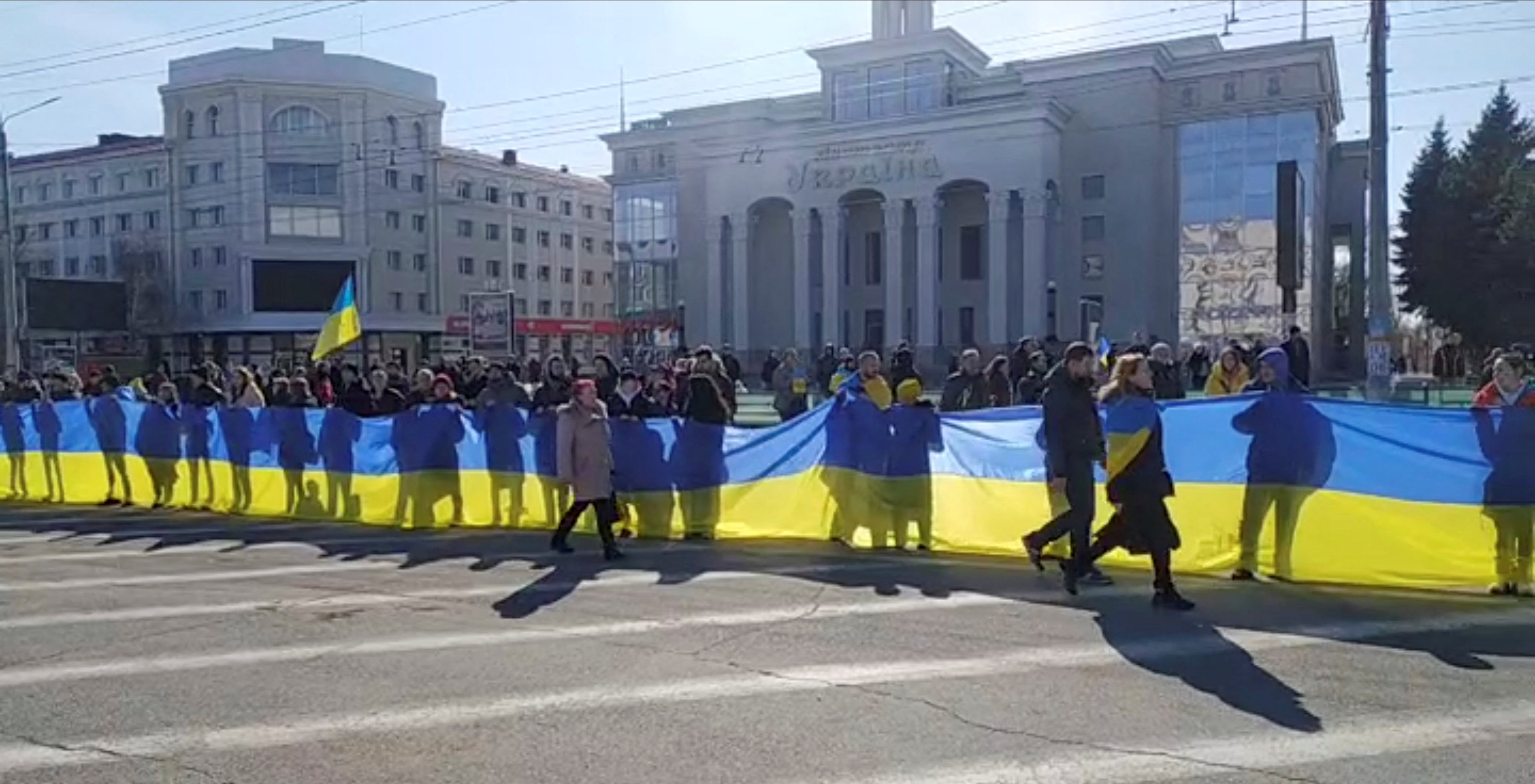 Ukrainians protest in the Russian-controlled city of Kherson, Ukraine, on 13 March, 2022.
