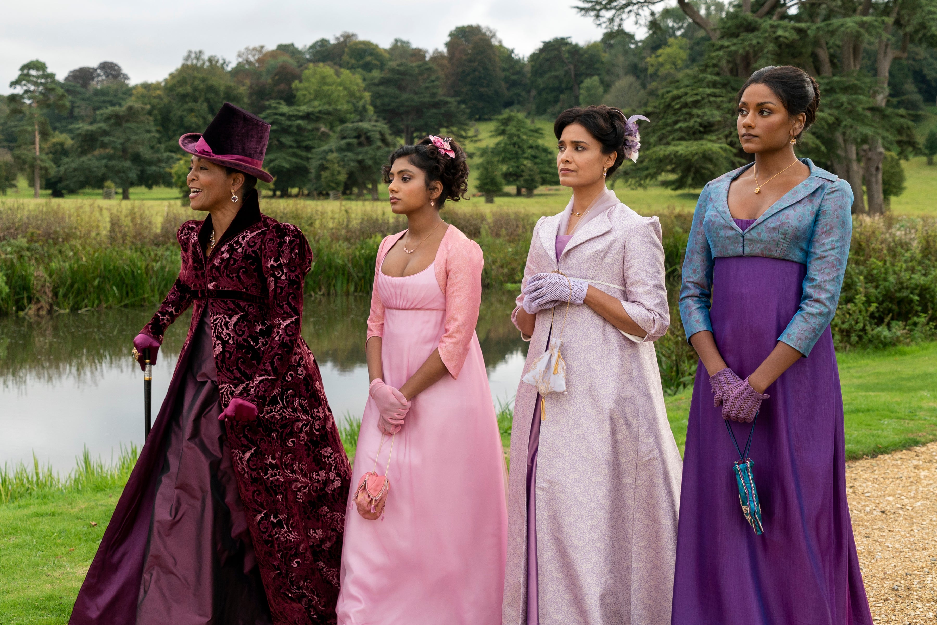 Adjoa Andoh as Lady Danbury, Charithra Chandran as Edwina Sharma, Shelley Conn as Mary Sharma, Simone Ashley as Kate Sharma in ‘Bridgerton’