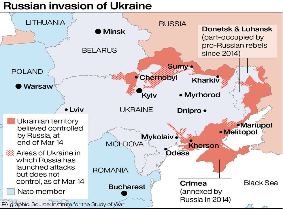 <p>This map shows the extent of Russia’s invasion of Ukraine</p>