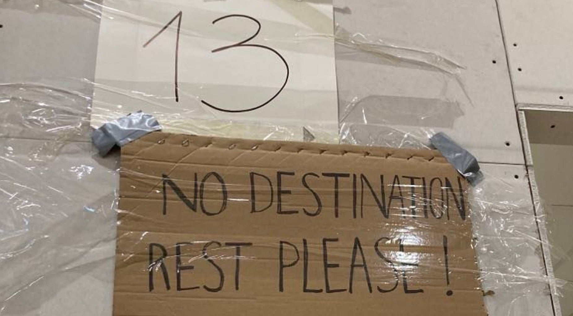 A sign at the refugee centre for people with no fixed destination (Laura Rice)
