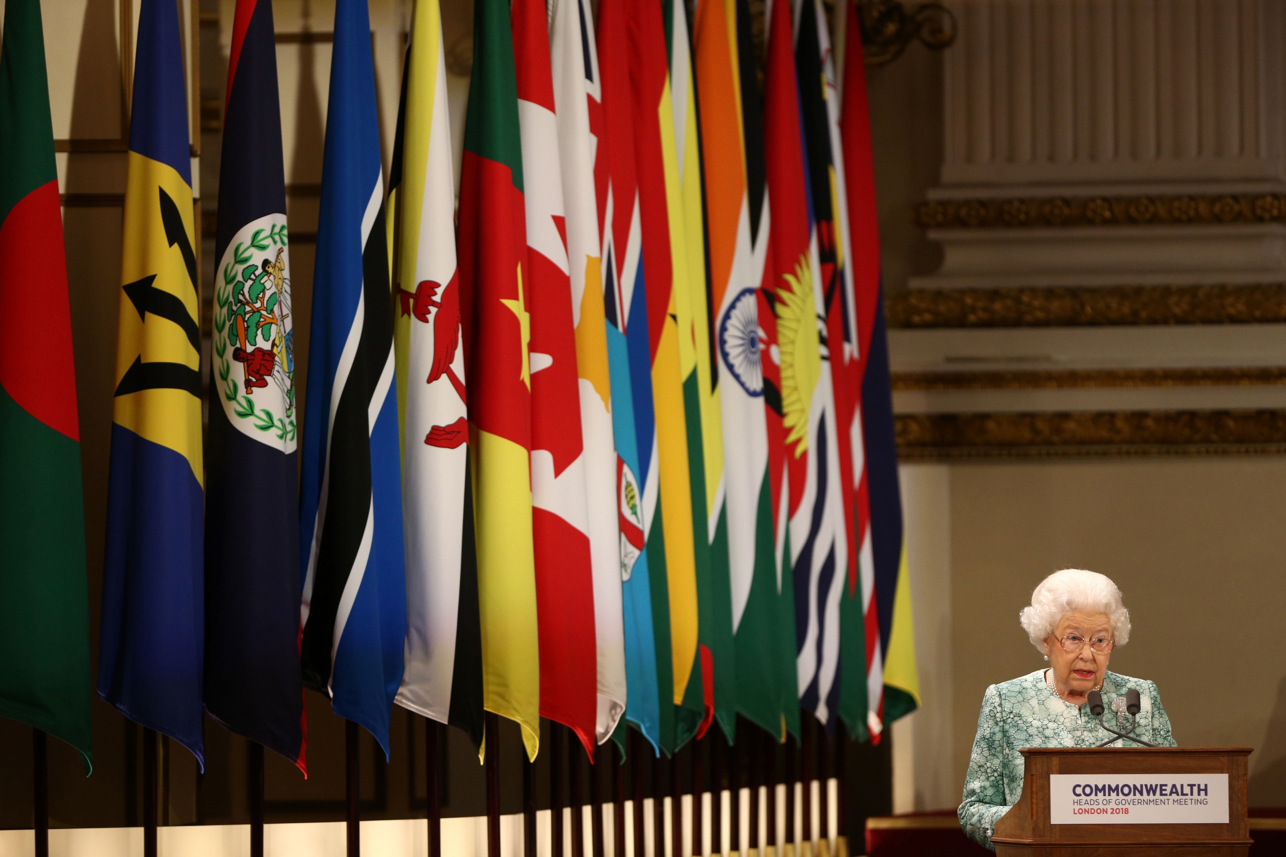 The Queen speaks at the formal opening of the Commonwealth Heads of Government Meeting in 2018