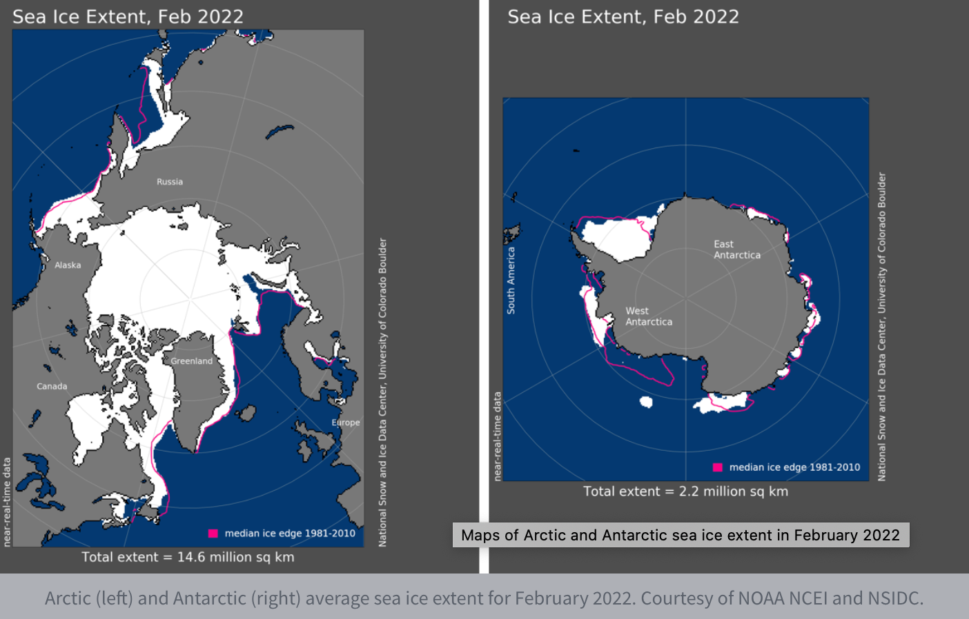 Maps show the reduction in sea ice in the Arctic and Antarctic