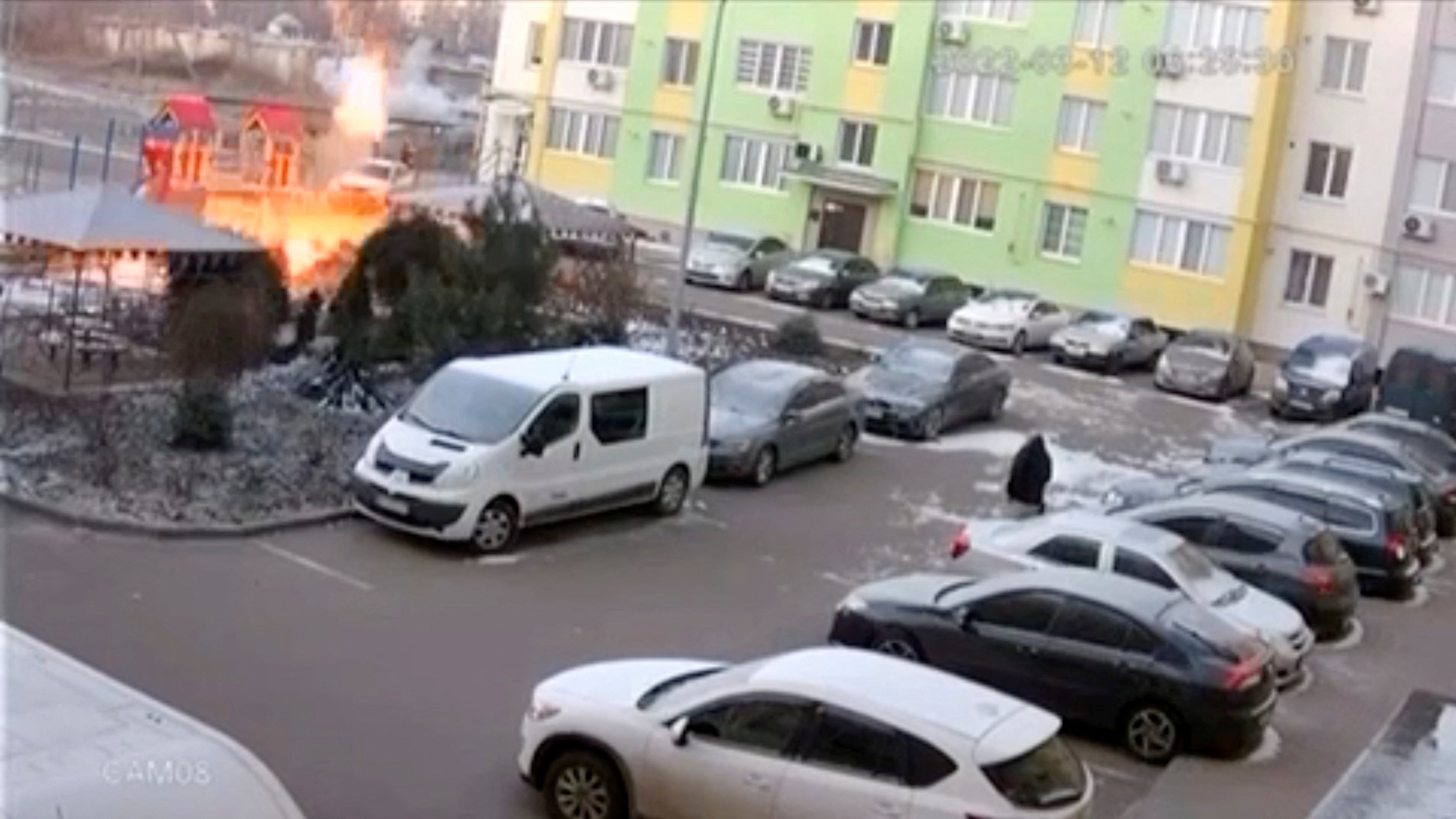 An explosion outside a residential apartment block following an apparent air strike in Mykolayiv last week
