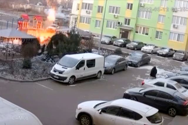<p>An explosion outside a residential apartment block following an apparent air strike in Mykolayiv last week</p>