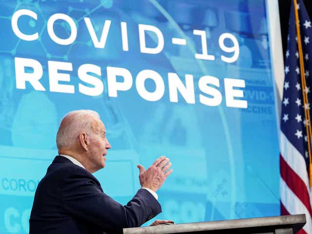<p>U.S. President Joe Biden delivers remarks on the administration's coronavirus disease (COVID-19) surge response in the South Court Auditorium at the White House in Washington, U.S., January 13, 2022</p>