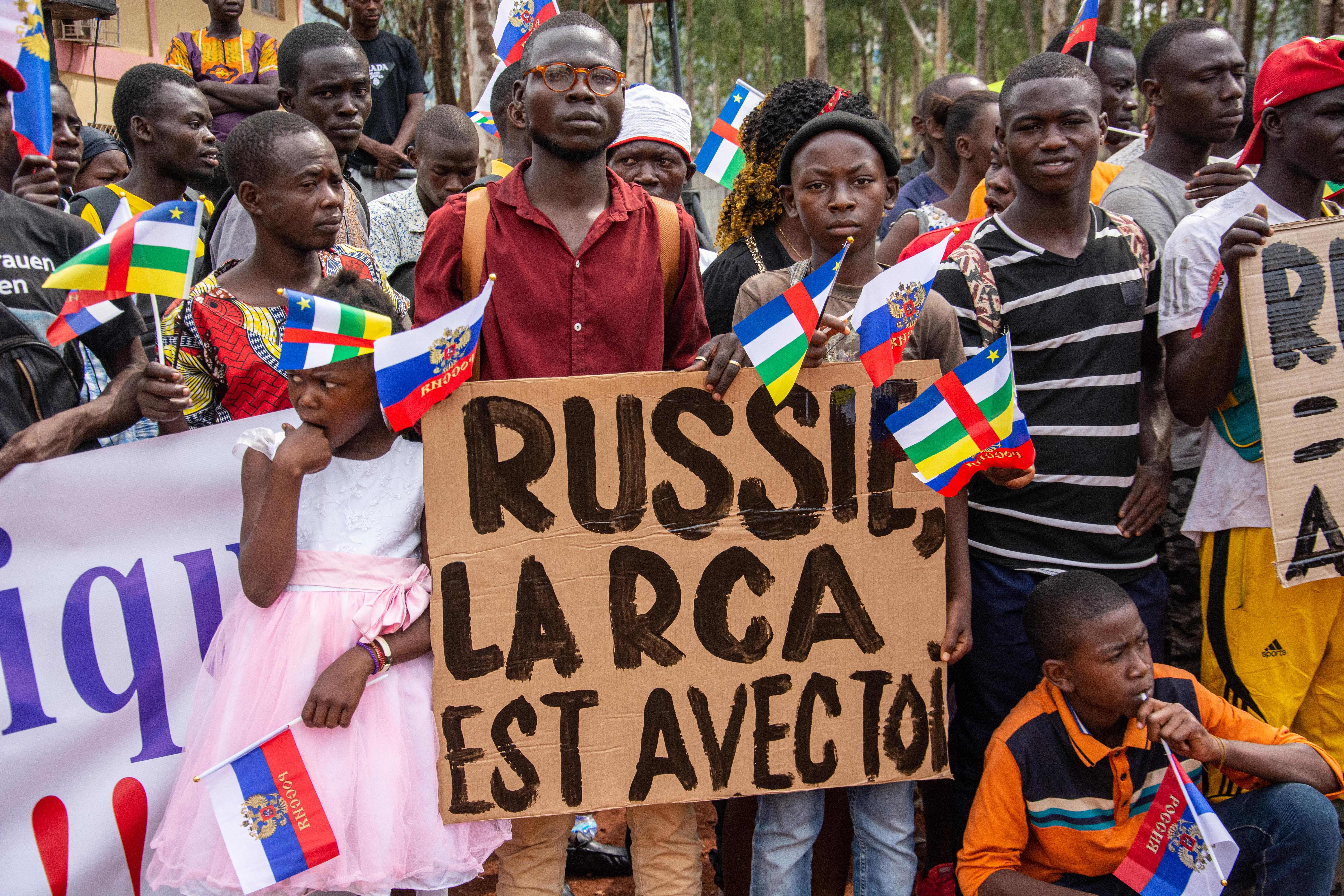 File photo: Demonstrators holding placards with pro-Russian slogans gather in Bangui, Central African Republic, 5 March 2022