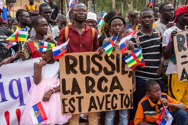 <p>File photo: Demonstrators holding placards with pro-Russian slogans gather in Bangui, Central African Republic, 5 March 2022</p>