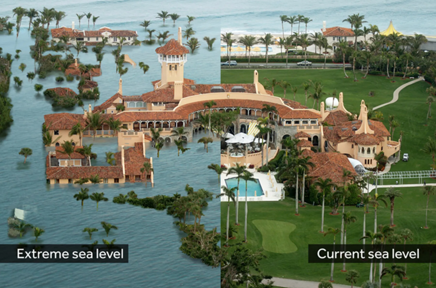 An artist’s impression of former president Donald Trump’s Mar-a-Lago by 2100 under the “doomsday scenario” of 10-foot sea level rise. Even in more conservative ranges, the private club is still impacted