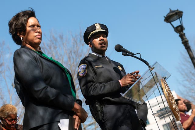 <p>Washington Metropolitan Police Chief Robert Contee III (R), joined by Washington, DC Mayor Muriel Bowser (L), speaks at a press conference on the recent shootings of homeless individuals in Washington, DC and New York City on March 15, 2022 in Washington, DC</p>