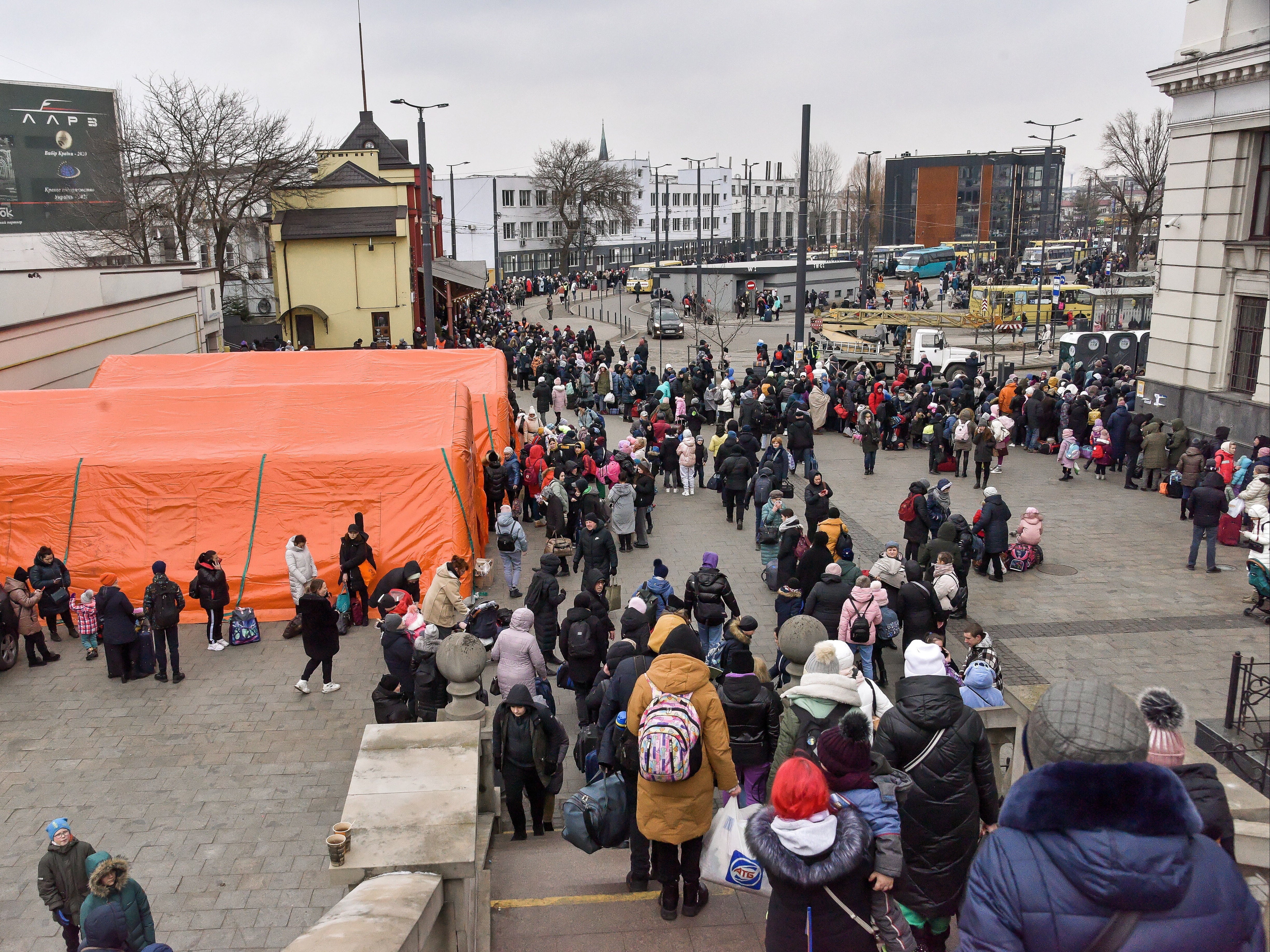 Ukrainian refugees at the train station in Lviv