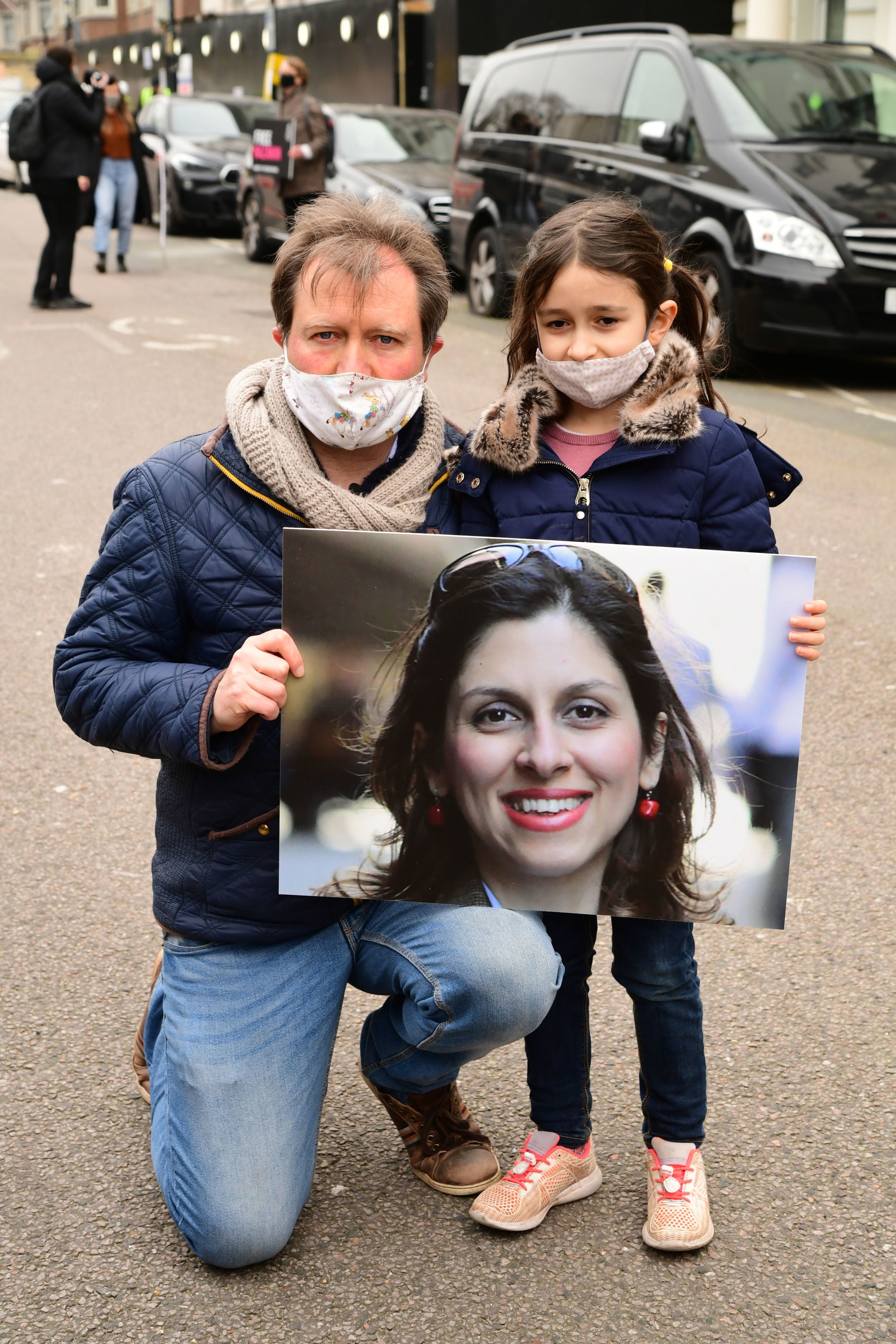 Richard Ratcliffe and his daughter Gabriella outside the Iranian Embassy in London