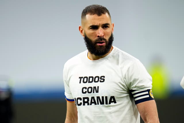<p>Karim Benzema wears a T-shirt reading ‘all with Ukraine'</p>