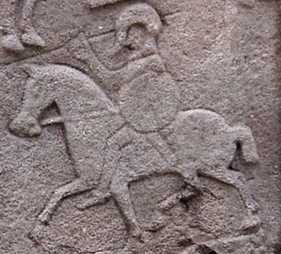 A rare image of a mounted high status (potentially royal) dark age warrior, portrayed on a sculpture from Aberlemno, Scotland