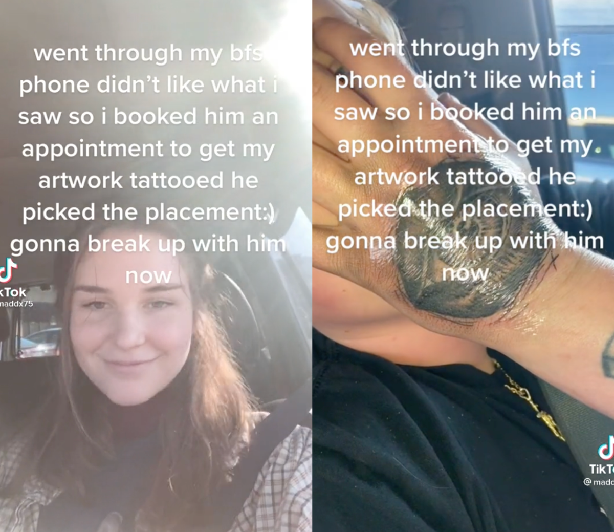 Woman sparks debate after convincing boyfriend to get hand tattoo before breaking up with him Woman sparks debate after convincing boyfriend to get hand tattoo before breaking up with him
