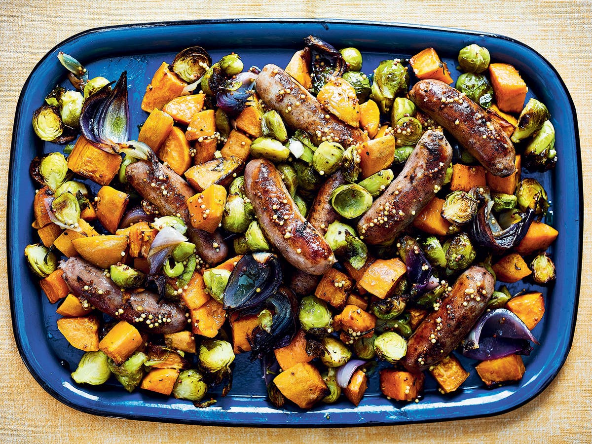 An easy, veg-packed sausage traybake all the family will enjoy