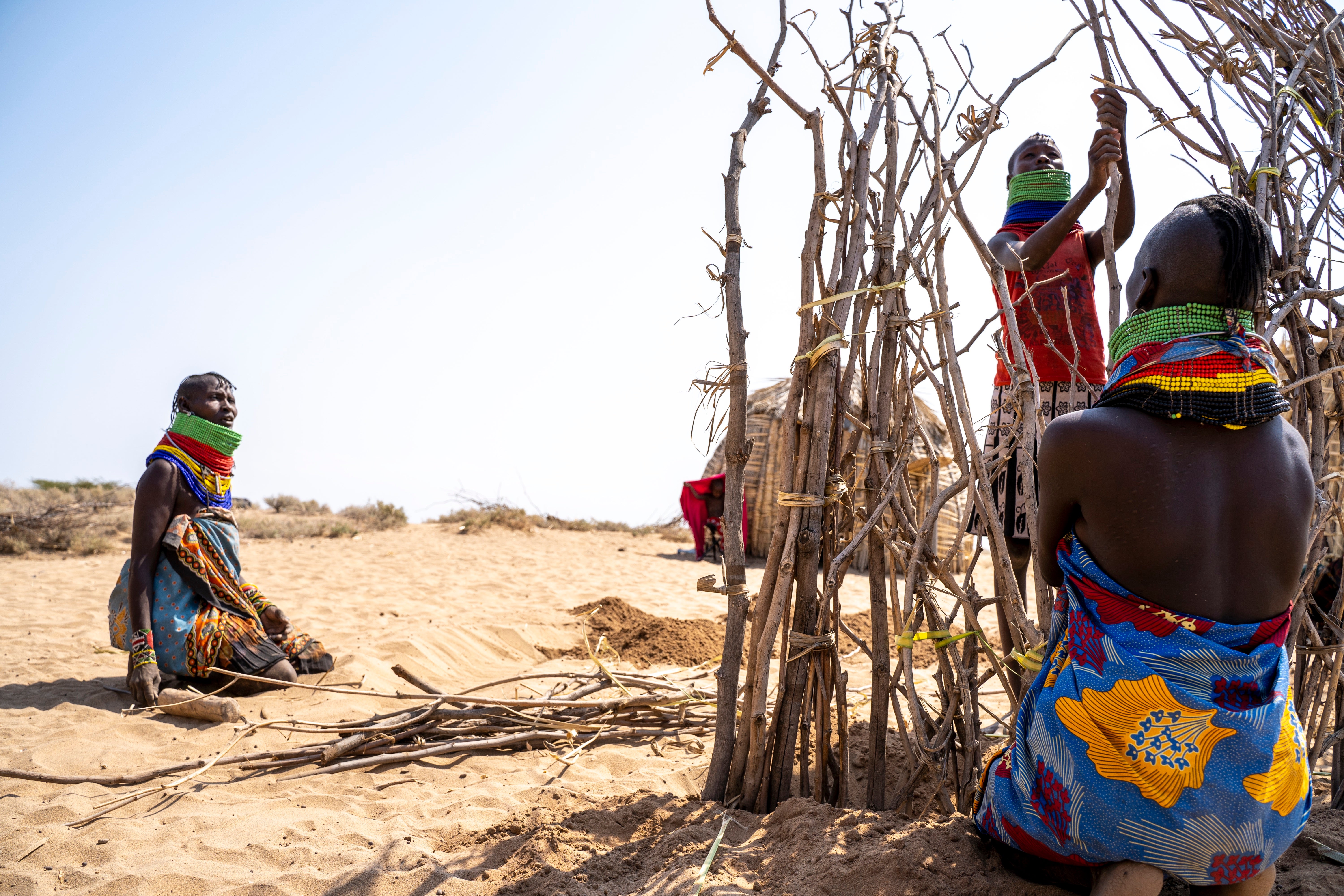 Nakiru, Lorot and Amug of the Ekaale family constructing a new homestead