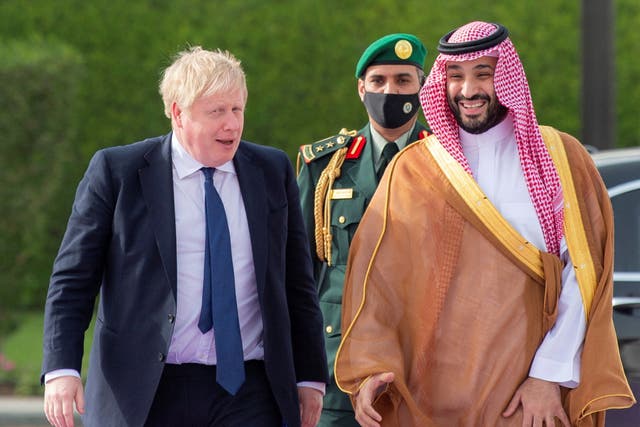 <p>Saudi Crown Prince Mohammed Bin Salman and Boris Johnson in Riyadh, Saudi Arabia March 16, 2022</p>