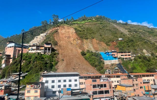 <p>his photo provided by the Parcoy Municipality shows the path of a mudslide in Parcoy, Peru, Tuesday, March 15, 2022. </p>
