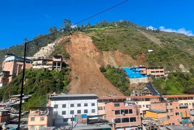 <p>his photo provided by the Parcoy Municipality shows the path of a mudslide in Parcoy, Peru, Tuesday, March 15, 2022. </p>