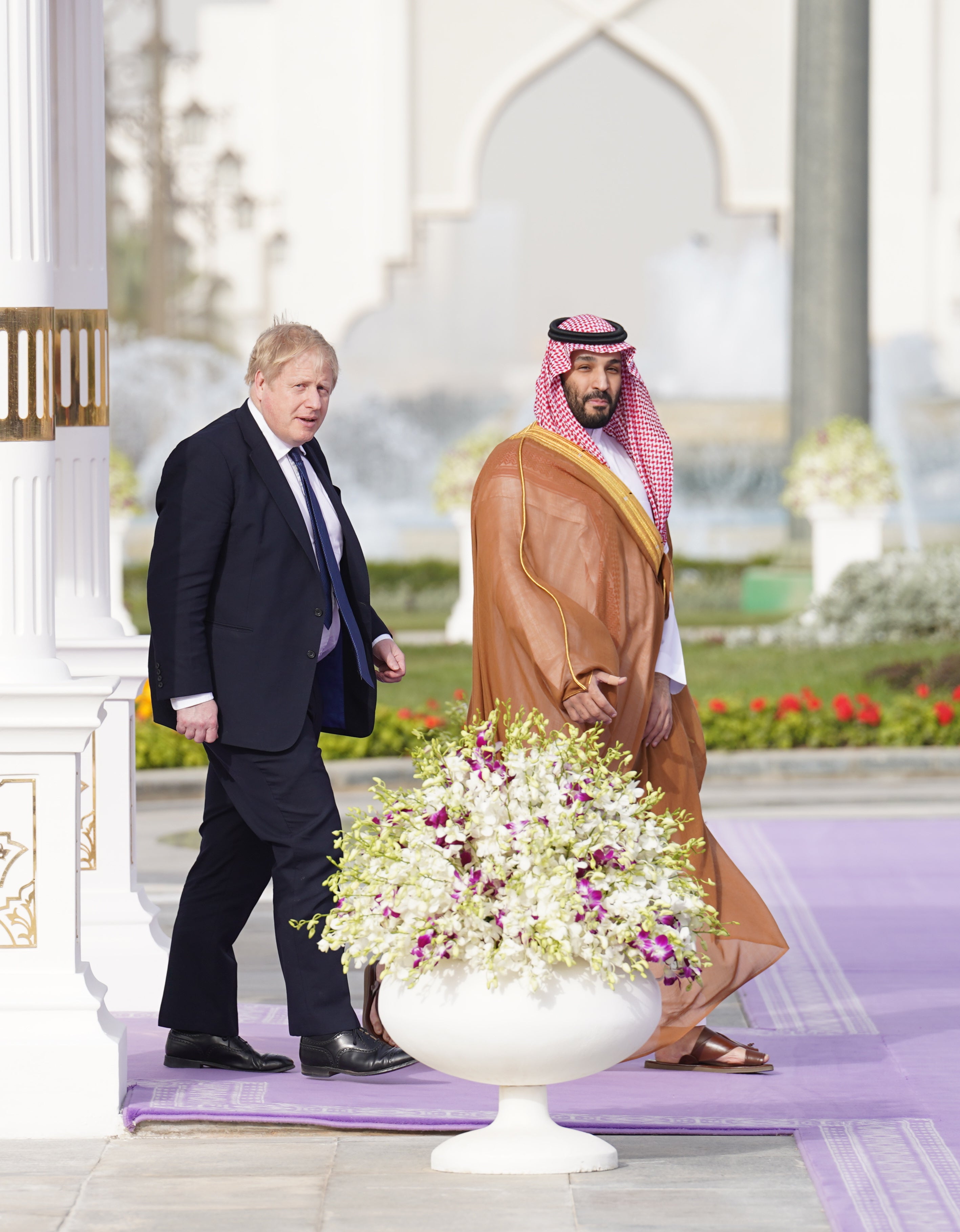 Boris Johnson is welcomed by Mohammed bin Salman ahead of a meeting at the royal court in Riyadh, Saudi Arabia (Stefan Rousseau/PA)