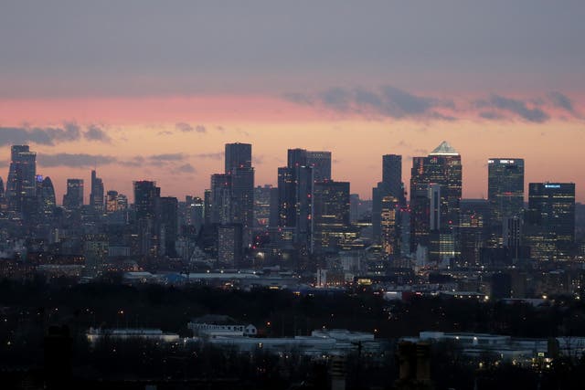 Canary Wharf and the City of London skyline. London stocks rebounded on Wednesday amid improved sentiment regarding Russia and Ukraine talks (Jonathan Brady/PA)