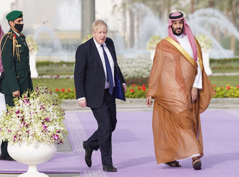 <p> Boris Johnson is welcomed by Mohammed bin Salman in Saudi Arabia on Wednesday </p>