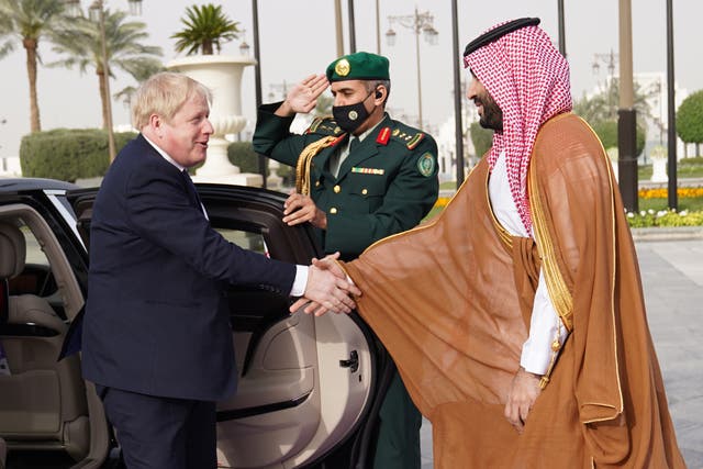 Boris Johnson is welcomed by Mohammed bin Salman (Stefan Rousseau/PA)