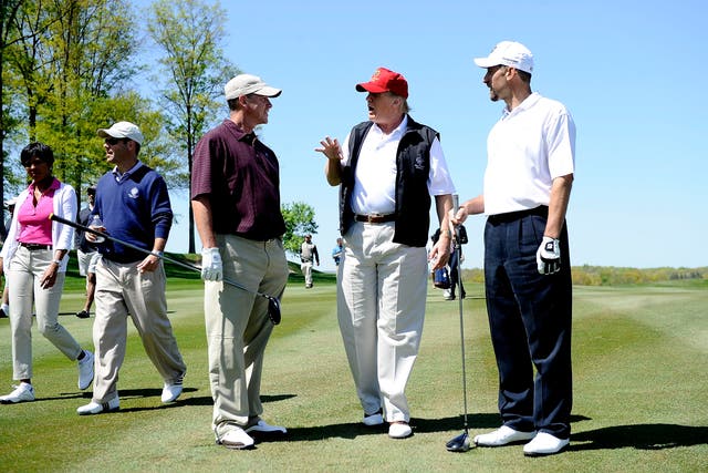 <p>Donald Trump during a taping of “Trump’s Fabulous World of Golf” at the Trump National Golf Club on April 23, 2010 in Bedminster, New Jersey. </p>
