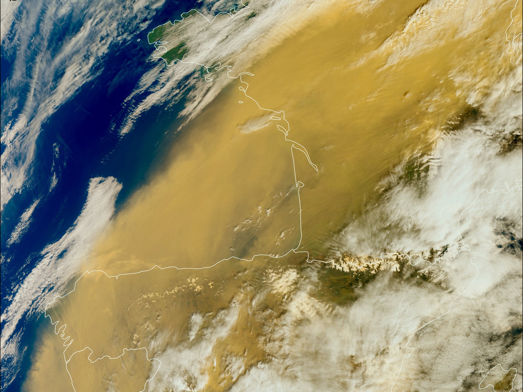 Satellite image showing the skies over France, Spain and Portugal on Tuesday