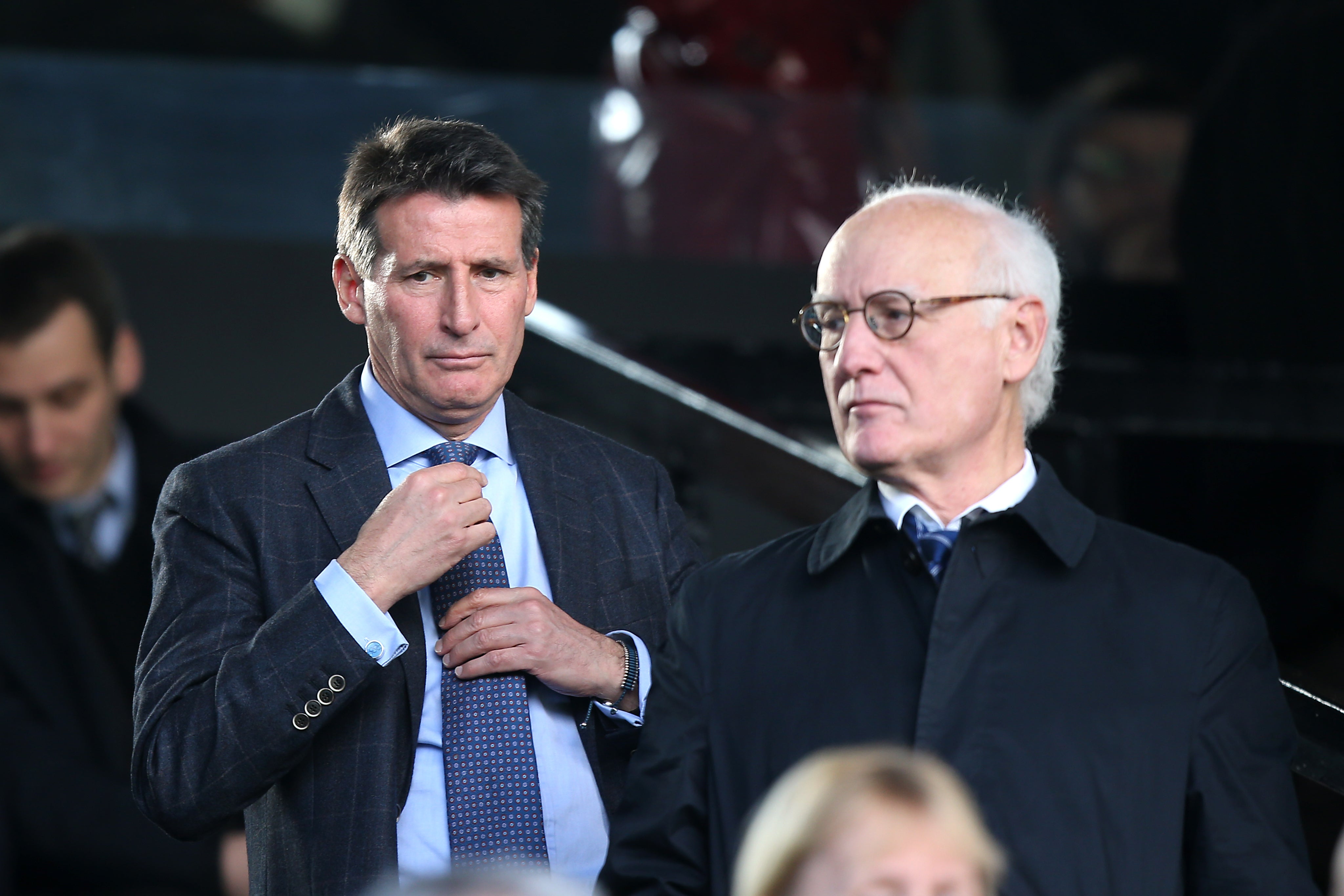 Lord Coe in the Stamford Bridge stands with Chelsea’s Bruce Buck, right (John Walton/PA)