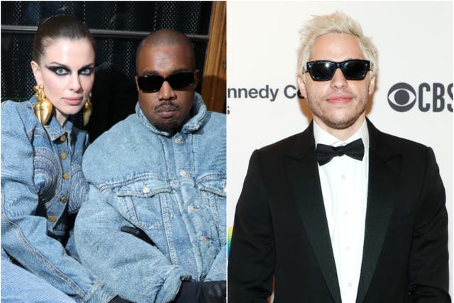 <p>Kanye West with former girlfriend Julia Fox (L) and SNL comedian Pete Davidson</p>