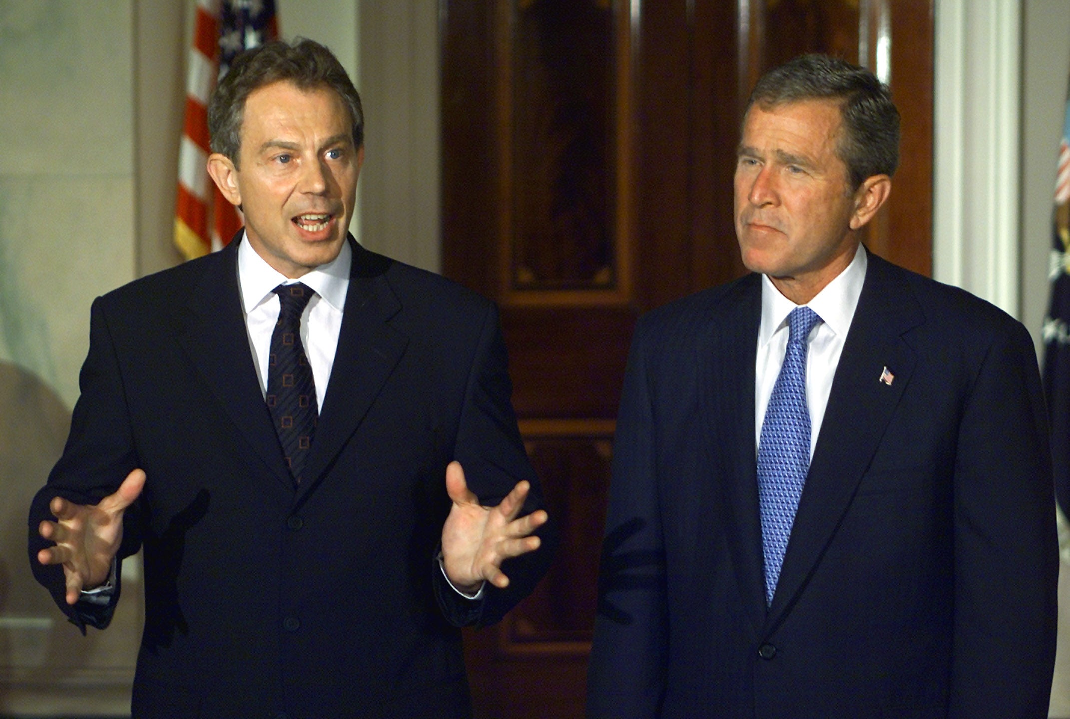 Tony Blair and Bush speak to the press at the White House a week after 9/11