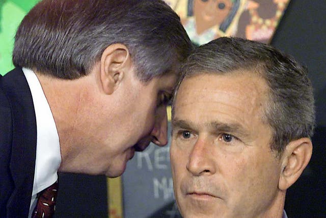 <p>George W Bush receives news of a second attack on New York’s Twin Towers on September 11, 2001 </p>