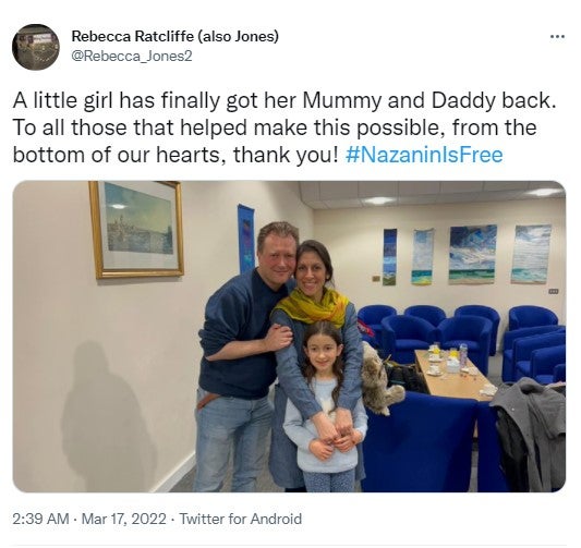 Nazanin Zaghari-Ratcliffe reunites with her husband Richard Ratcliffe and their daughter Gabriella after she touches down at RAF Brize Norton in Oxfordshire