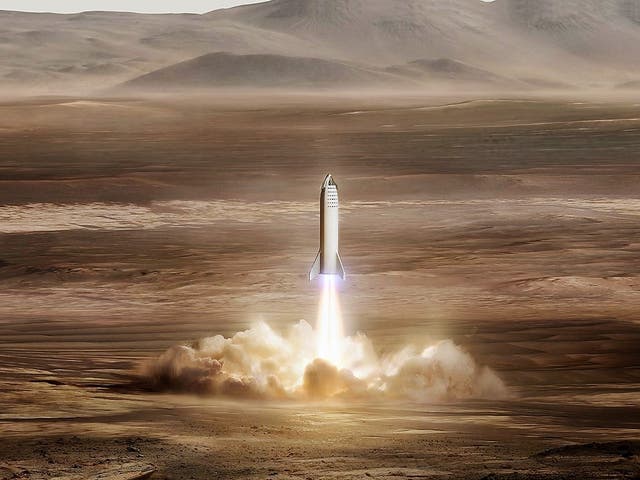 <p>Una ilustración del cohete Starship de SpaceX aterrizando en Marte</p>